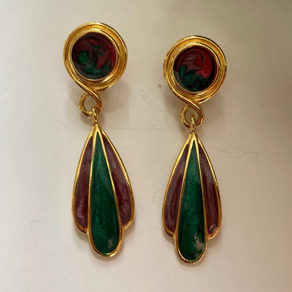 Dangle Enamel Purple & Green Pierced Earrings 80's